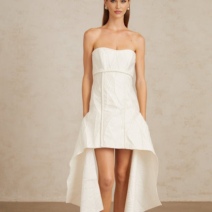 Helena White Off-Shoulder Mini Dress Textured Draped Cinched Waist Sleeveless Chic Elegant Rear Zip Fastening Terylene Cotton Elastane Composition