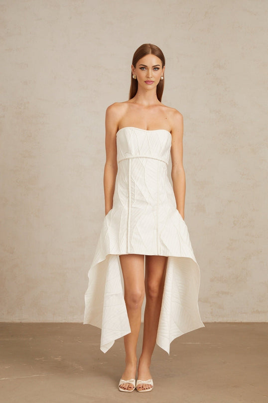 Helena White Off-Shoulder Mini Dress Textured Draped Cinched Waist Sleeveless Chic Elegant Rear Zip Fastening Terylene Cotton Elastane Composition