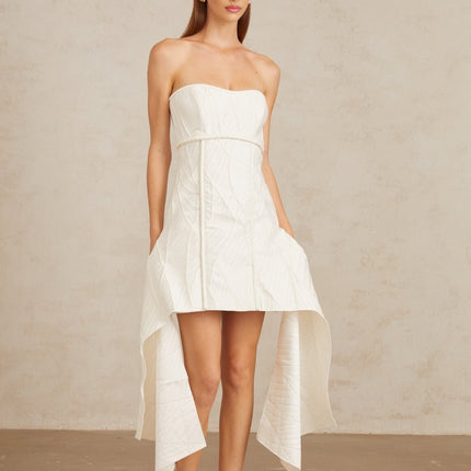 Helena White Off-Shoulder Mini Dress Textured Draped Cinched Waist Sleeveless Chic Elegant Rear Zip Fastening 67% Terylene 28% Cotton 5% Elastane