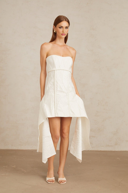 Helena White Off-Shoulder Mini Dress Textured Draped Cinched Waist Sleeveless Chic Elegant Rear Zip Fastening 67% Terylene 28% Cotton 5% Elastane