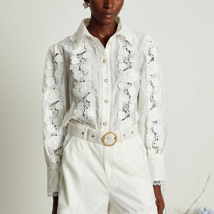 Helena White Shirt and Shorts Matching Set with Floral Embroidery and Lace Trim