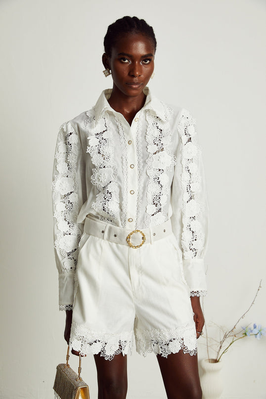 Helena White Shirt and Shorts Matching Set with Floral Embroidery and Lace Trim