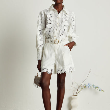 Helena White Shirt and Shorts Matching Set with Floral Embroidery and Lace Trim