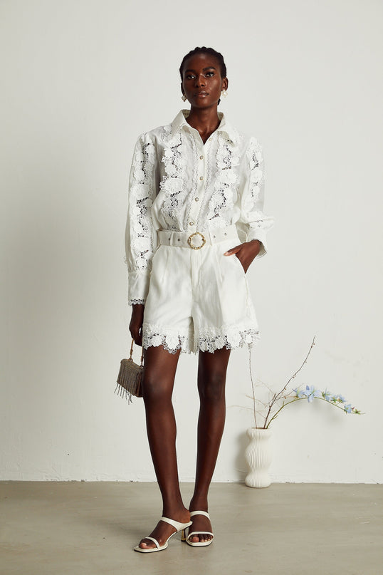 Helena White Shirt and Shorts Matching Set with Floral Embroidery and Lace Trim