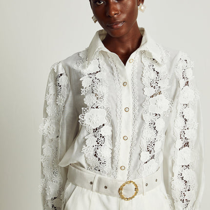 Helena White Shirt and Shorts Matching Set with Floral Embroidery and Lace Trim