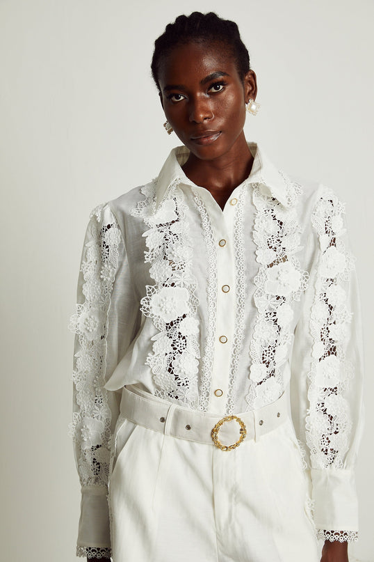 Helena White Shirt and Shorts Matching Set with Floral Embroidery and Lace Trim