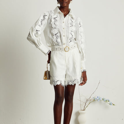Helena White Shirt and Shorts Matching Set with Floral Embroidery and Lace Trim