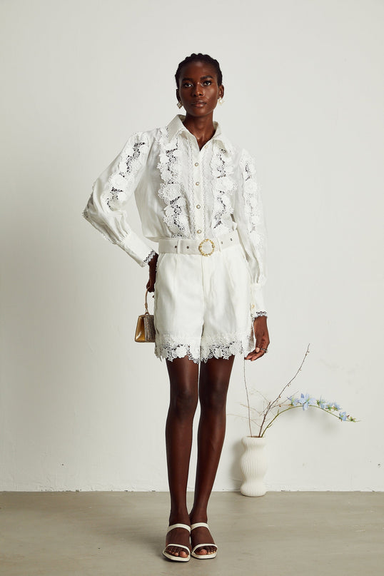Helena White Shirt and Shorts Matching Set with Floral Embroidery and Lace Trim