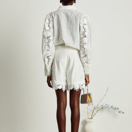 Helena White Shirt and Shorts Matching Set with Floral Embroidery and Lace Trim