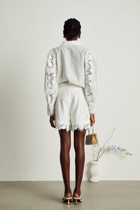Helena White Shirt and Shorts Matching Set with Floral Embroidery and Lace Trim