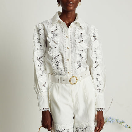 Helena White Shirt and Shorts Matching Set with Floral Embroidery and Lace Trim