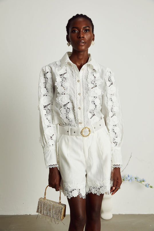 Helena White Shirt and Shorts Matching Set with Floral Embroidery and Lace Trim
