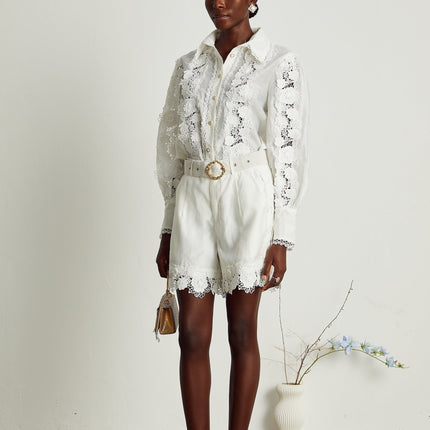 Helena White Shirt and Shorts Matching Set with Floral Embroidery and Lace Trim