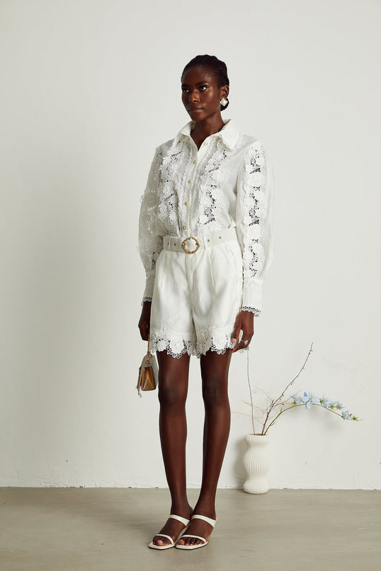 Helena White Shirt and Shorts Matching Set with Floral Embroidery and Lace Trim
