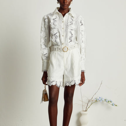Helena White Shirt and Shorts Matching Set with Floral Embroidery and Lace Trim