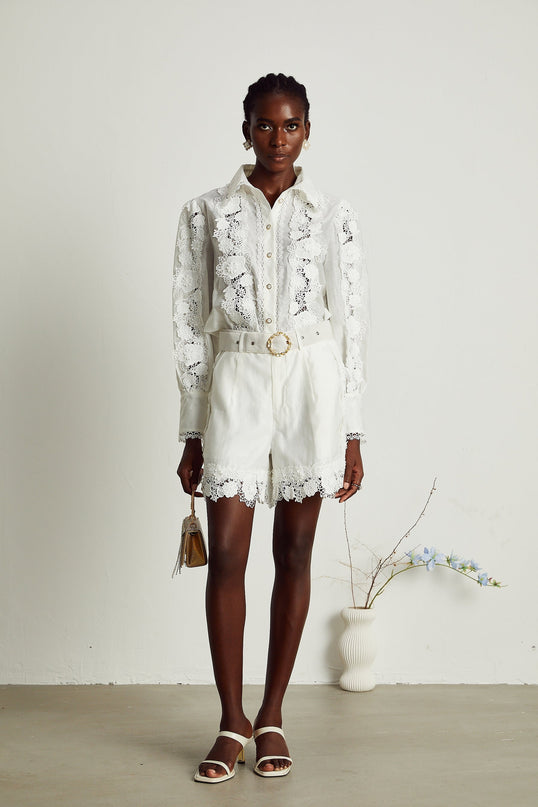 Helena White Shirt and Shorts Matching Set with Floral Embroidery and Lace Trim