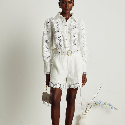 Helena White Shirt and Shorts Matching Set with Floral Embroidery and Lace Trim