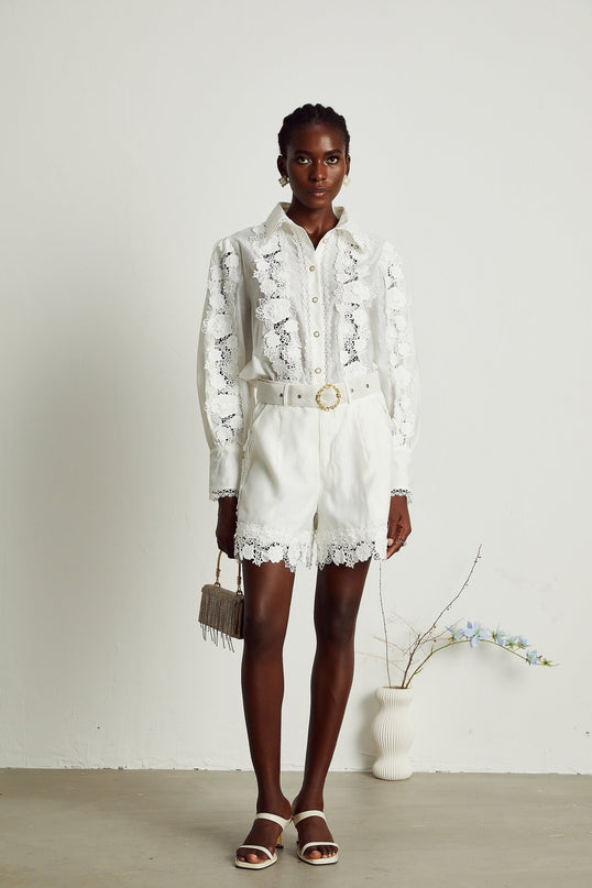 Helena White Shirt and Shorts Matching Set with Floral Embroidery and Lace Trim