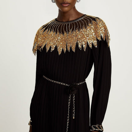 Hélène black sequin tullepanel ribbed midi dress