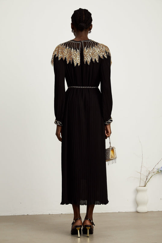 Hélène black sequin tullepanel ribbed midi dress