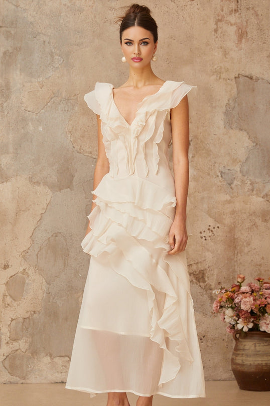 Hélène fauxflower layered ruffled maxi dress