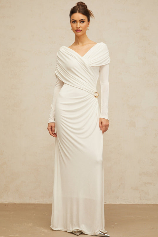 Hélène ruched fitted stretch maxi dress in White