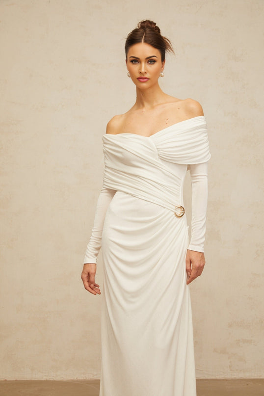 Hélène ruched fitted stretch maxi dress in White