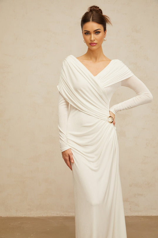Hélène ruched fitted stretch maxi dress in White