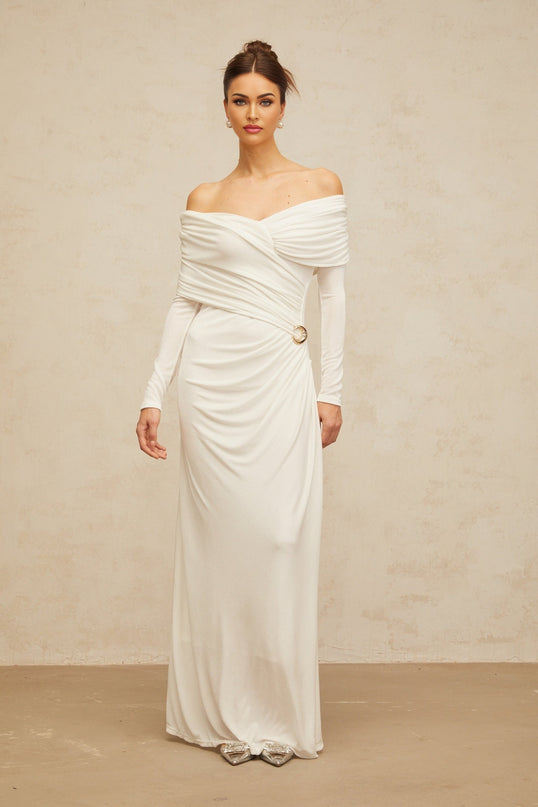 Hélène ruched fitted stretch maxi dress in White