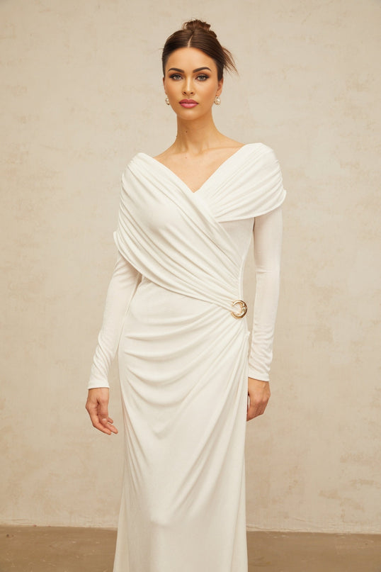 Hélène ruched fitted stretch maxi dress in White