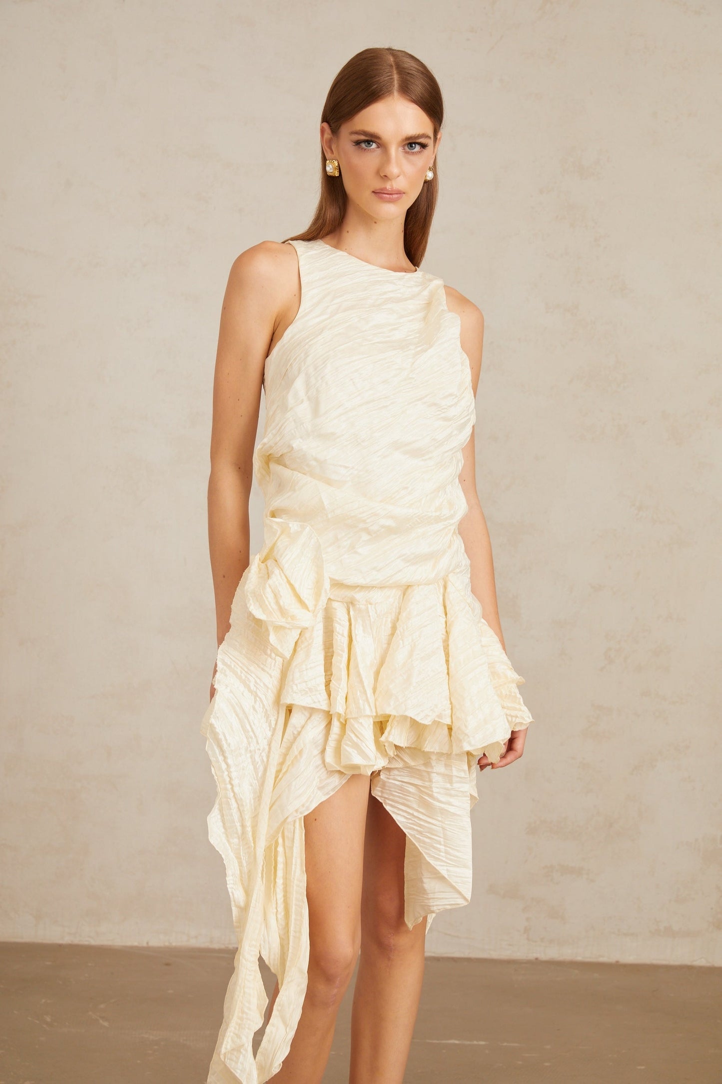 Helka Neutral Creased Asymmetrical Floral Mini Dress
