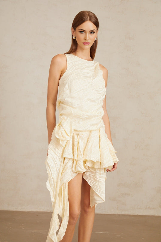 Helka Neutral Creased Asymmetrical Floral Mini Dress