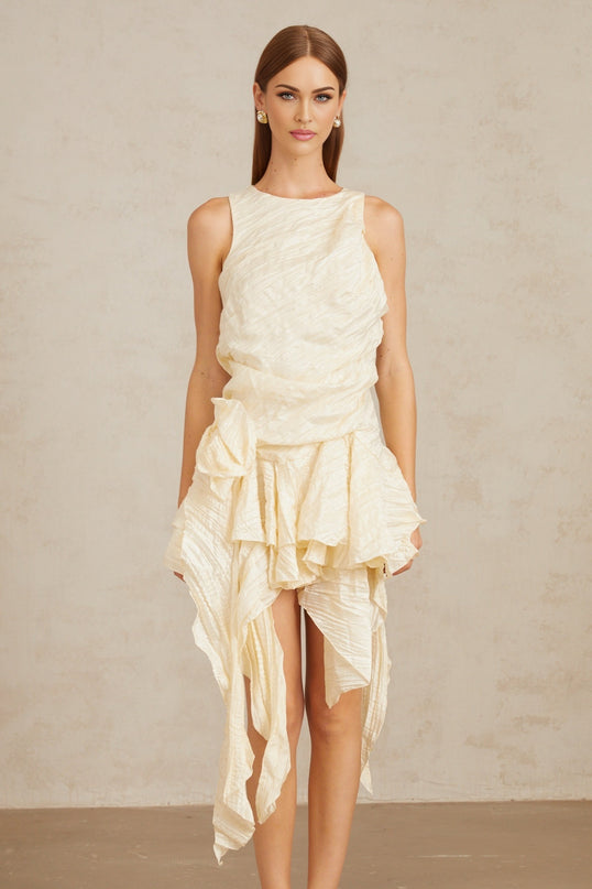 Helka Neutral Creased Asymmetrical Floral Mini Dress