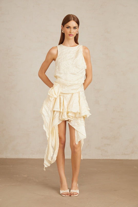 Helka Neutral Creased Asymmetrical Floral Mini Dress