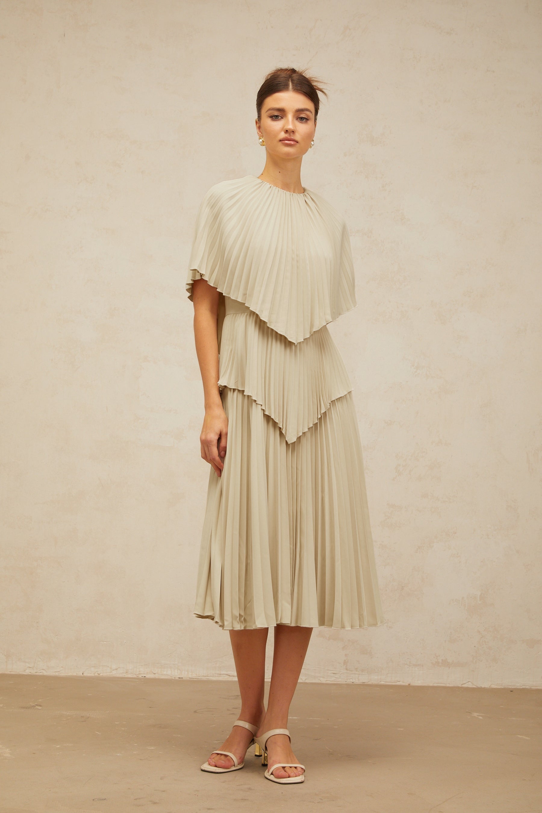 Héloïse neutrals cape pleated midi dress