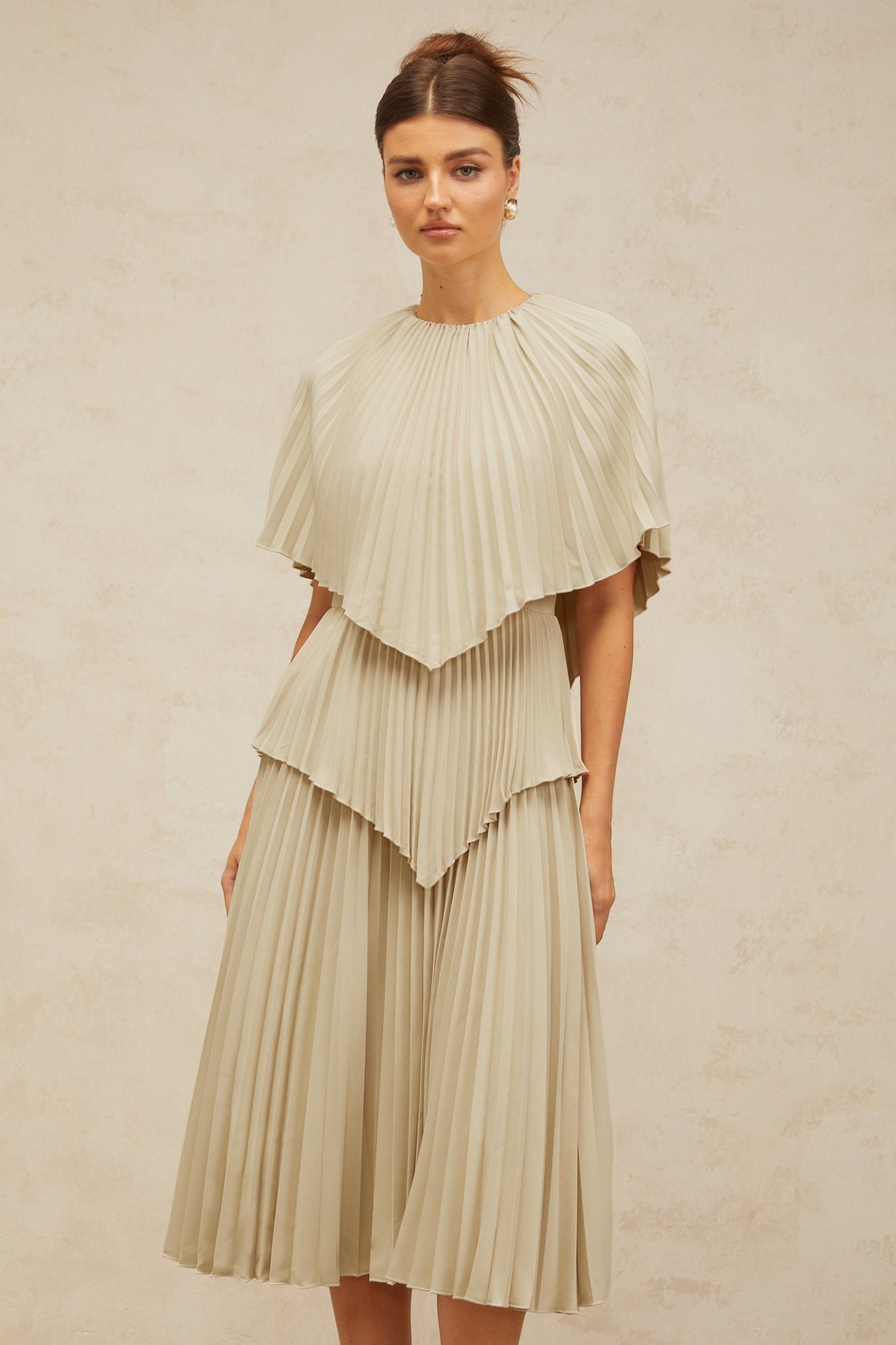 Héloïse neutrals cape pleated midi dress