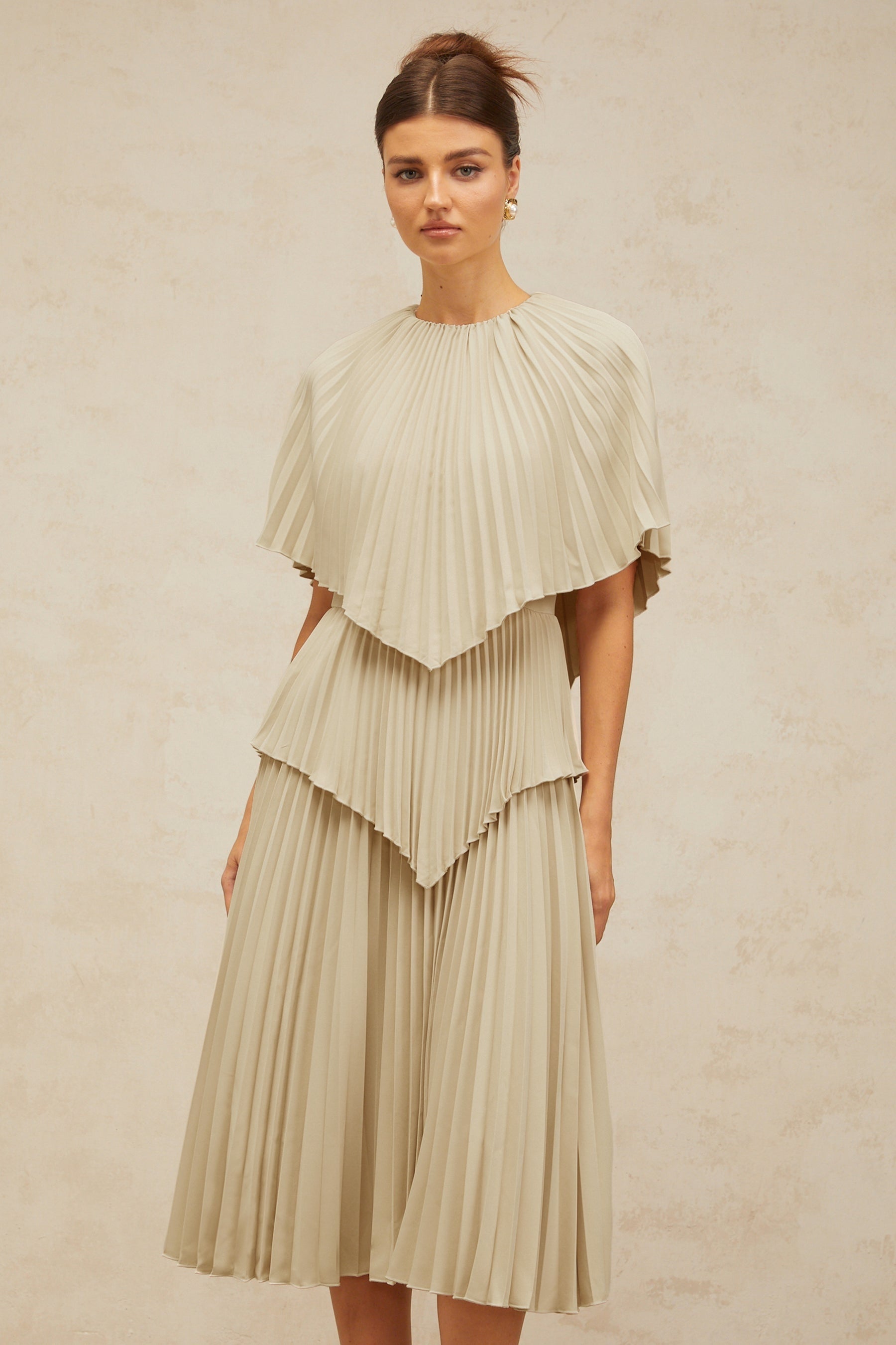 Héloïse neutrals cape pleated midi dress