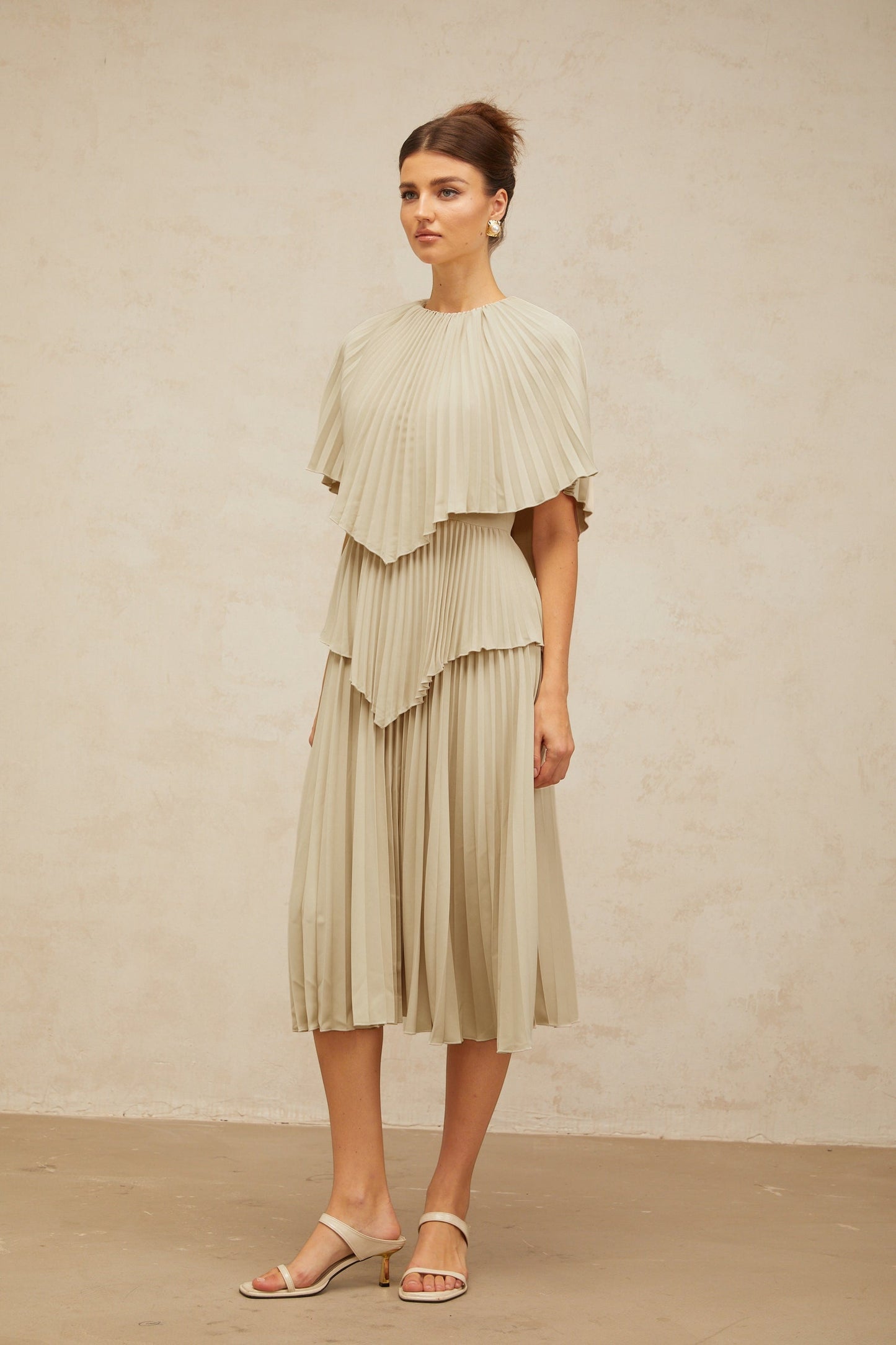 Héloïse neutrals cape pleated midi dress