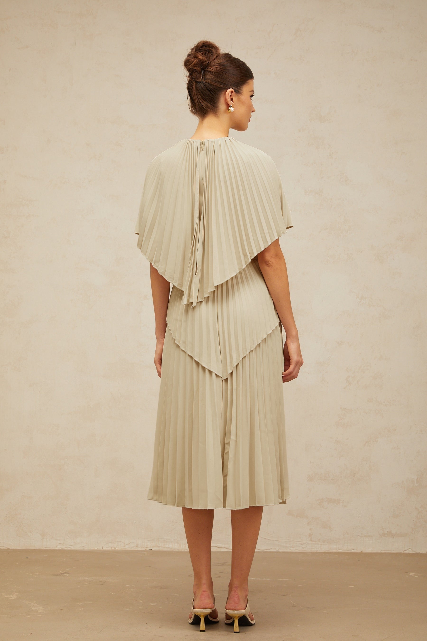 Héloïse neutrals cape pleated midi dress