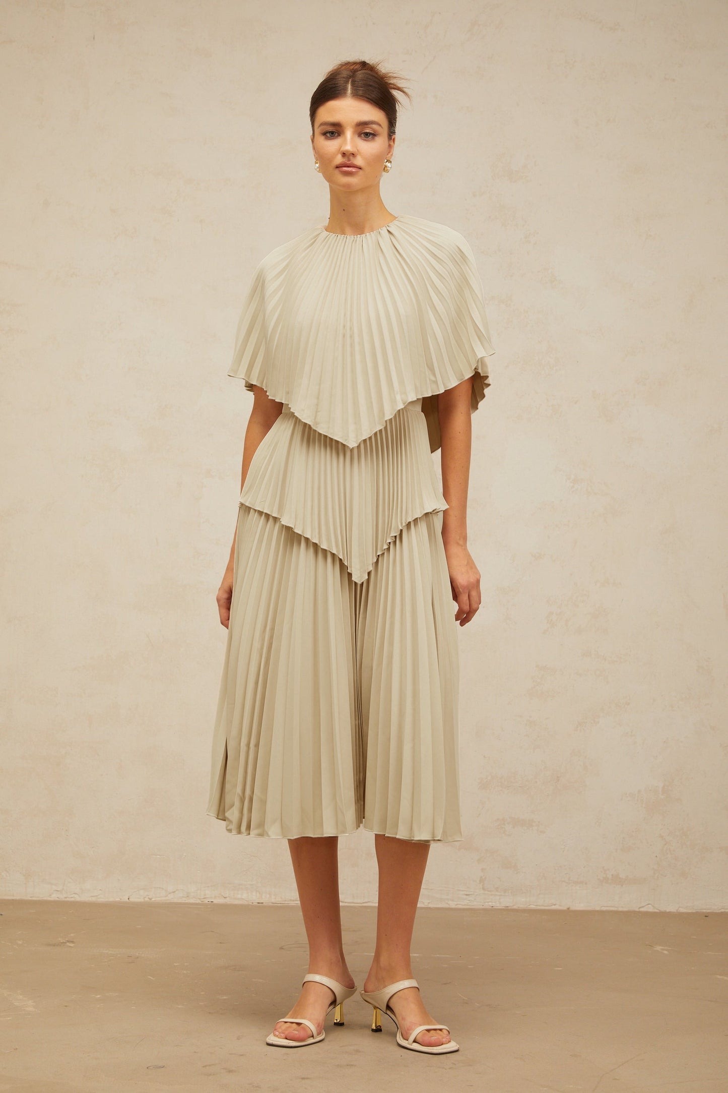 Héloïse neutrals cape pleated midi dress