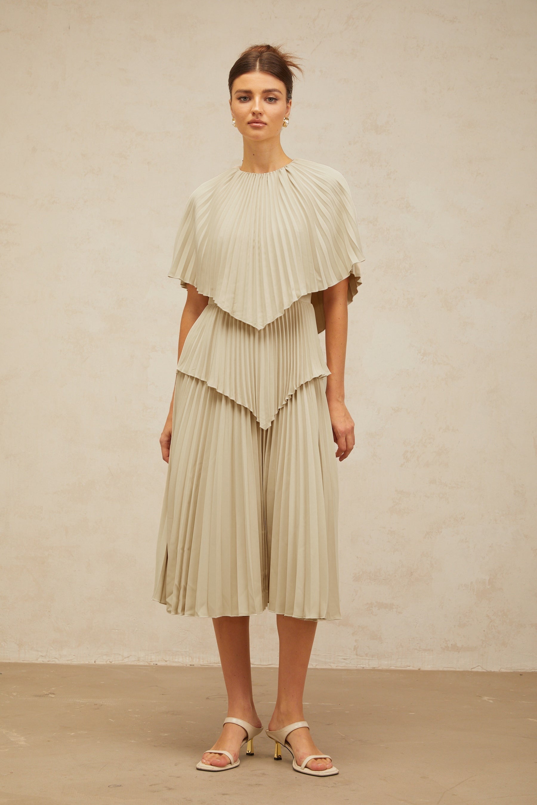 Héloïse neutrals cape pleated midi dress