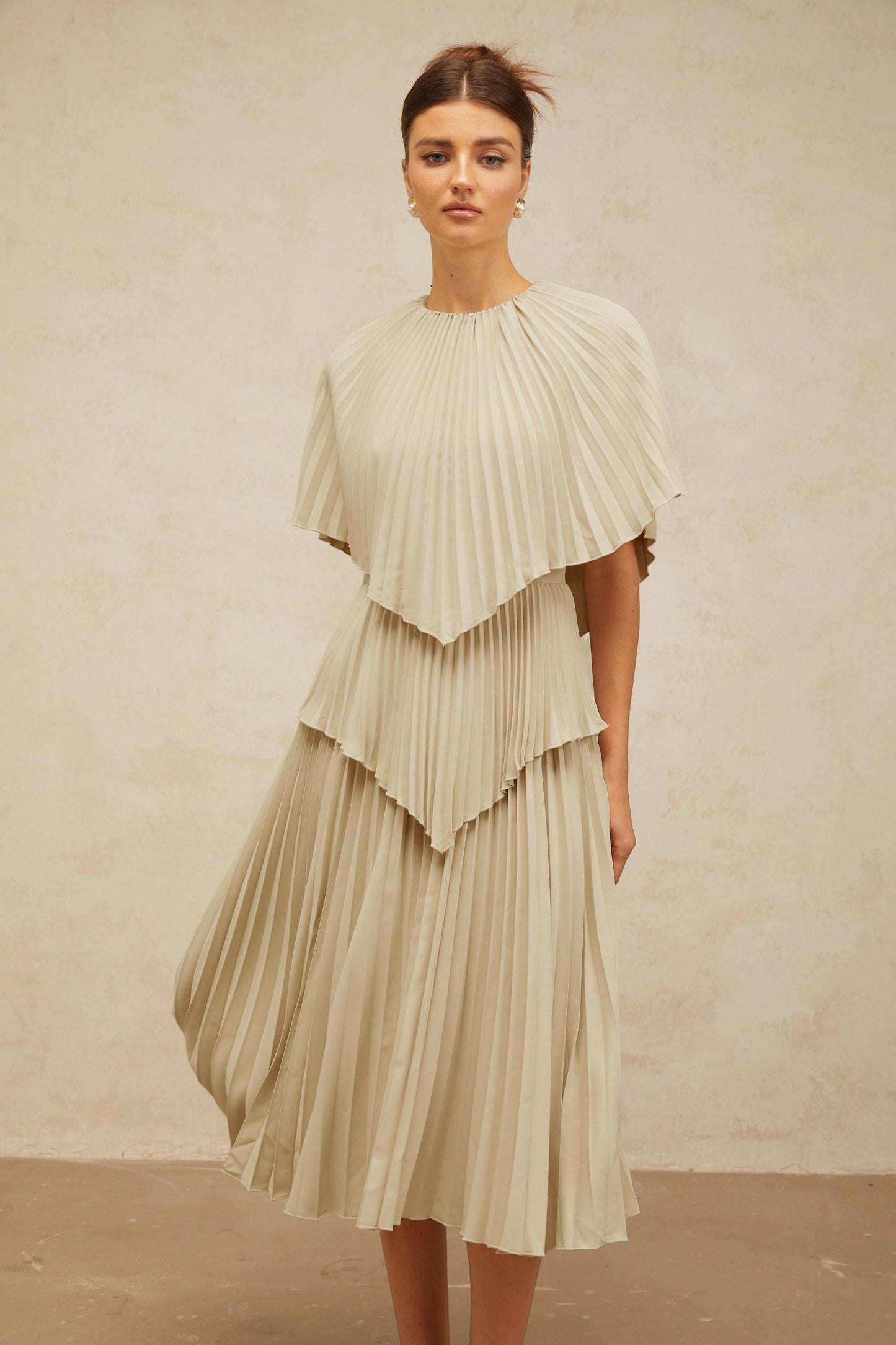Héloïse neutrals cape pleated midi dress