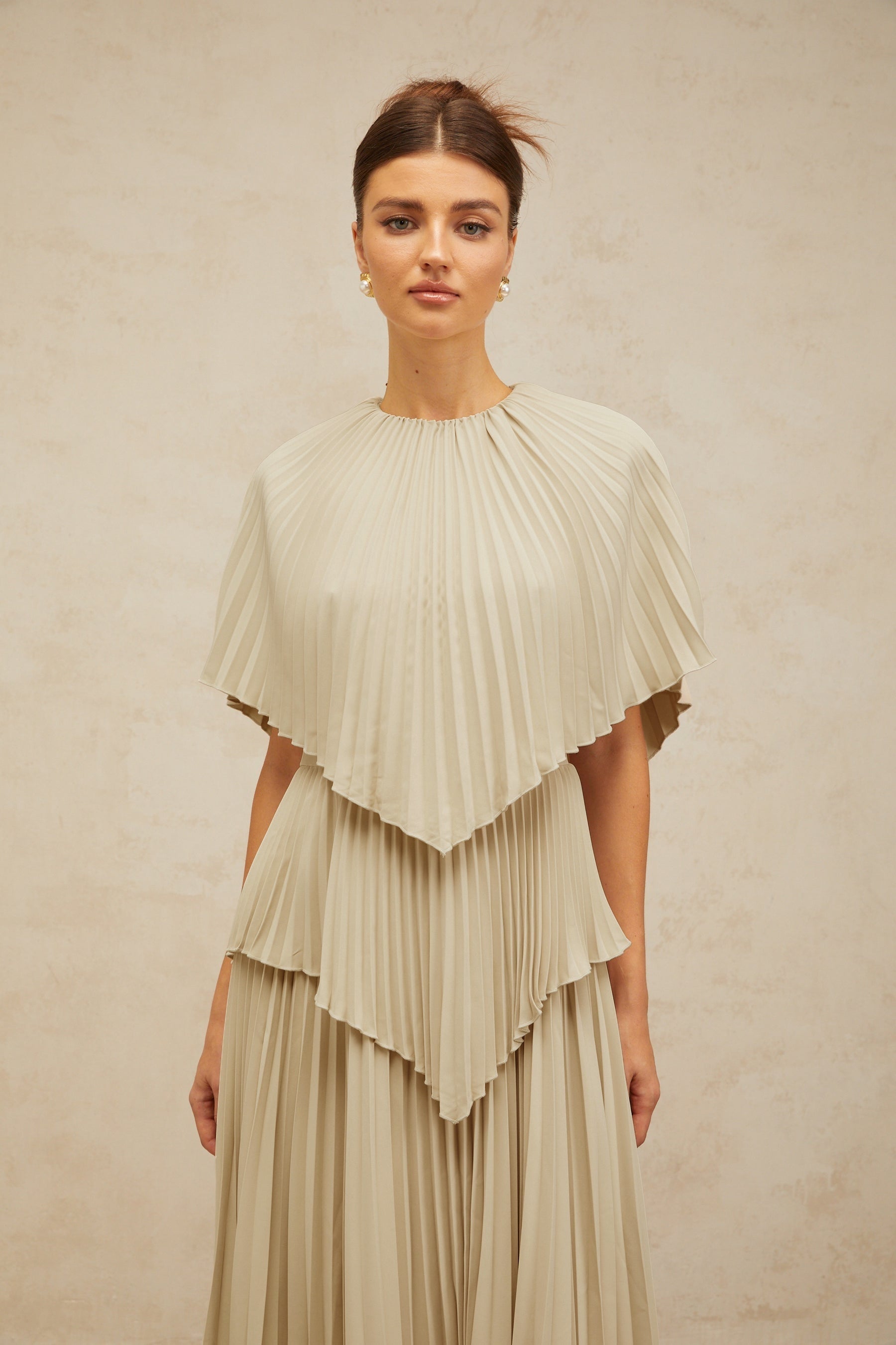 Héloïse neutrals cape pleated midi dress