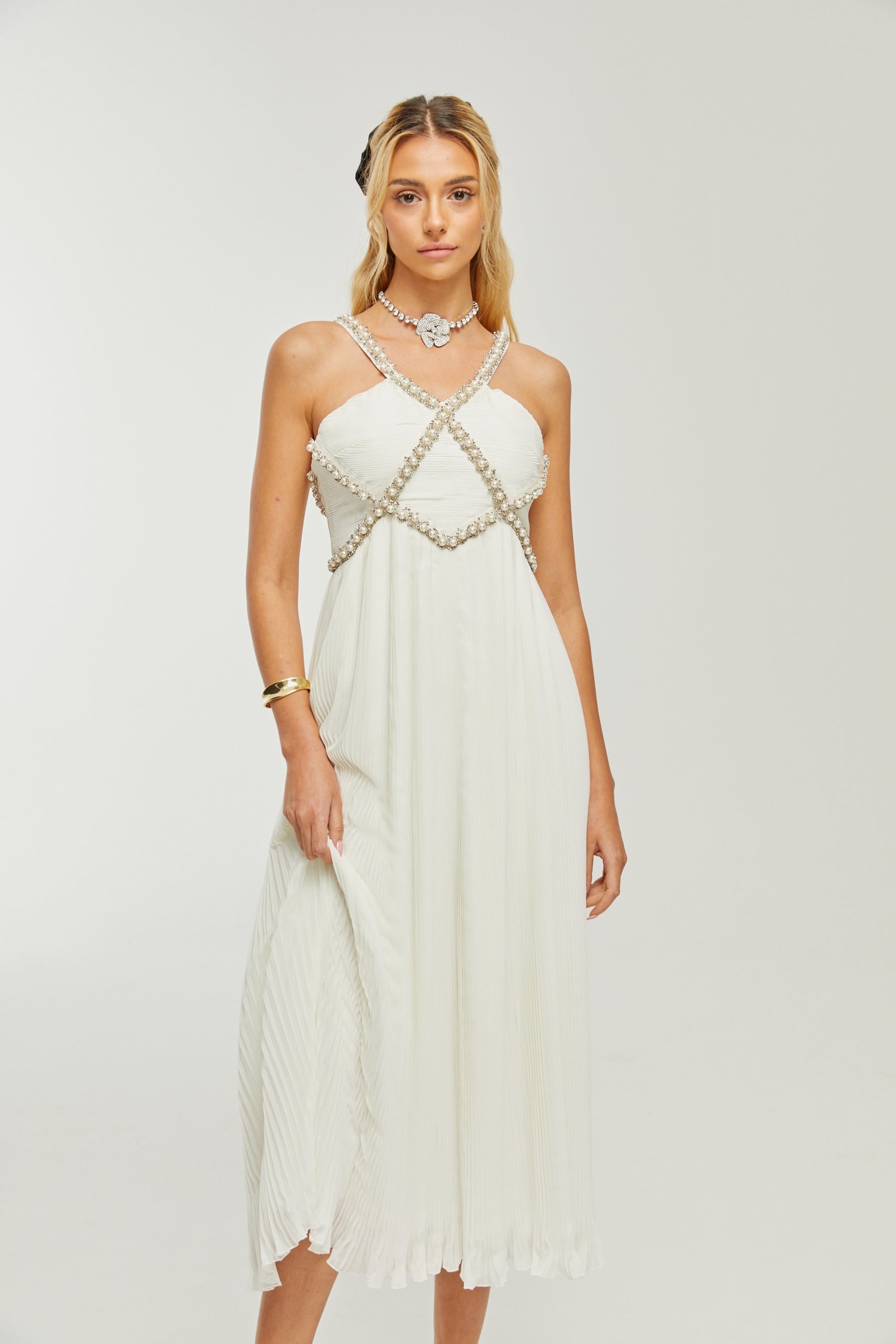 Hermine Vneck fauxpearl embellished midi dress