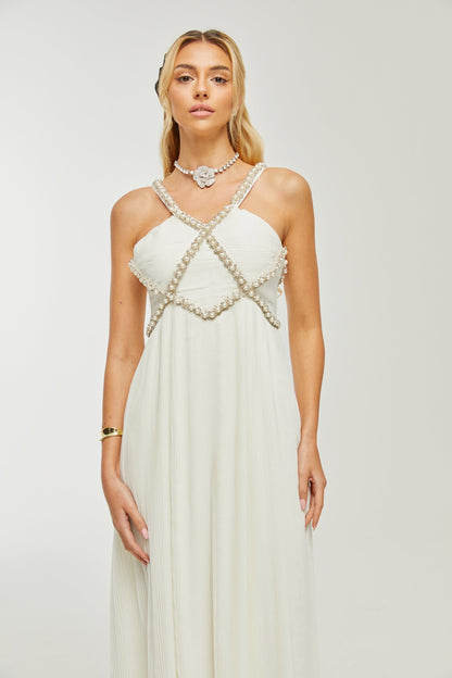 Hermine Vneck fauxpearl embellished midi dress