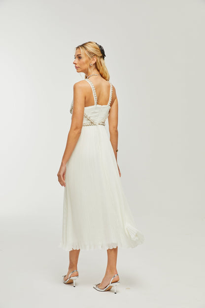 Hermine Vneck fauxpearl embellished midi dress