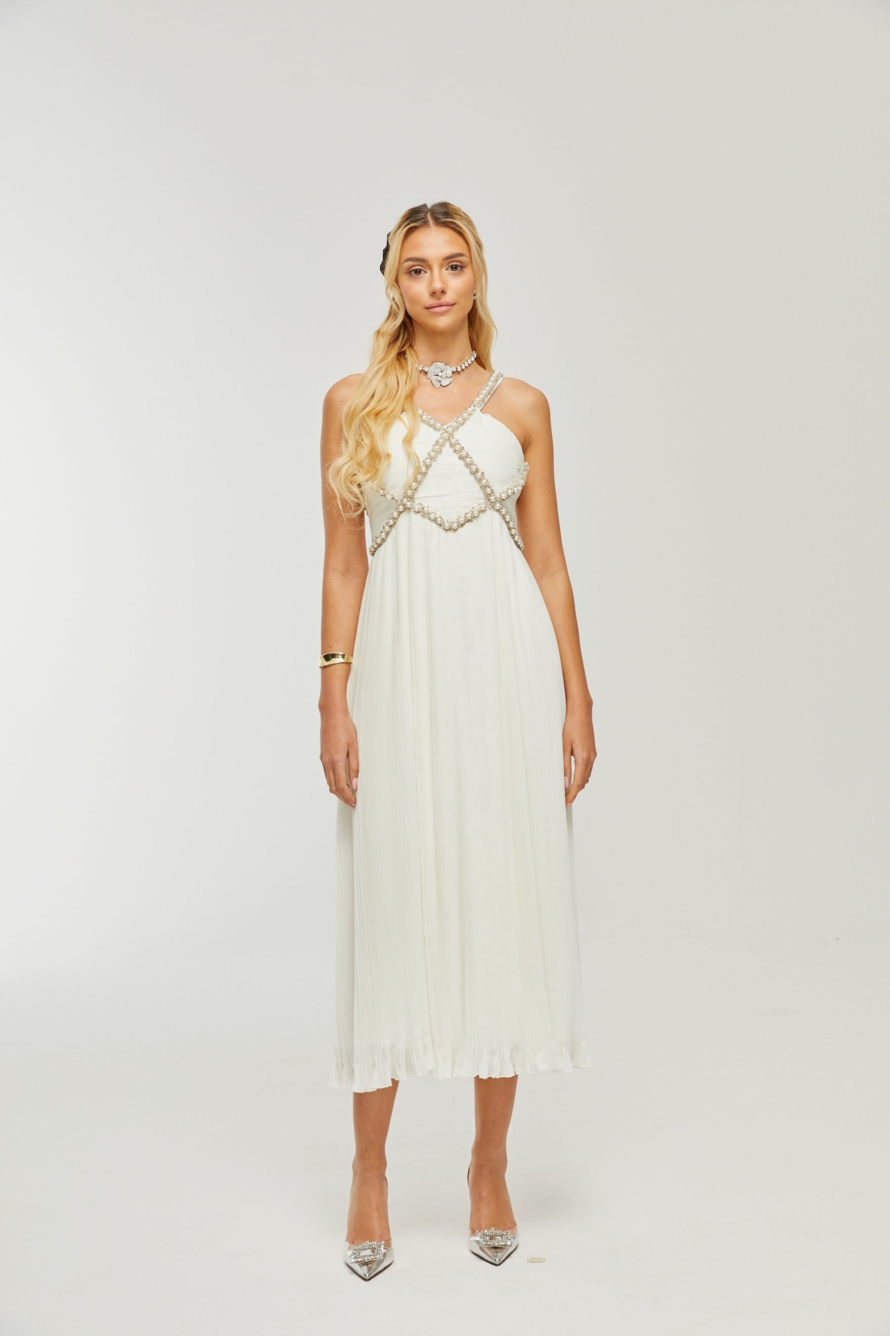 Hermine Vneck fauxpearl embellished midi dress