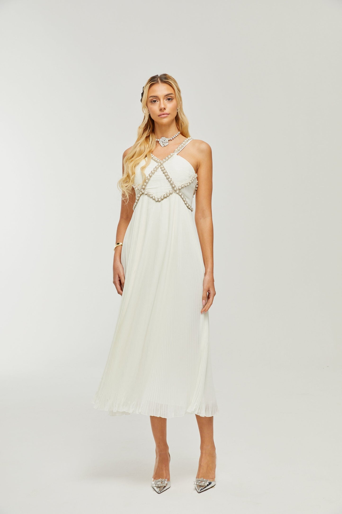Hermine Vneck fauxpearl embellished midi dress