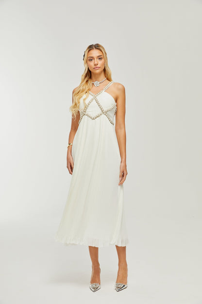 Hermine Vneck fauxpearl embellished midi dress
