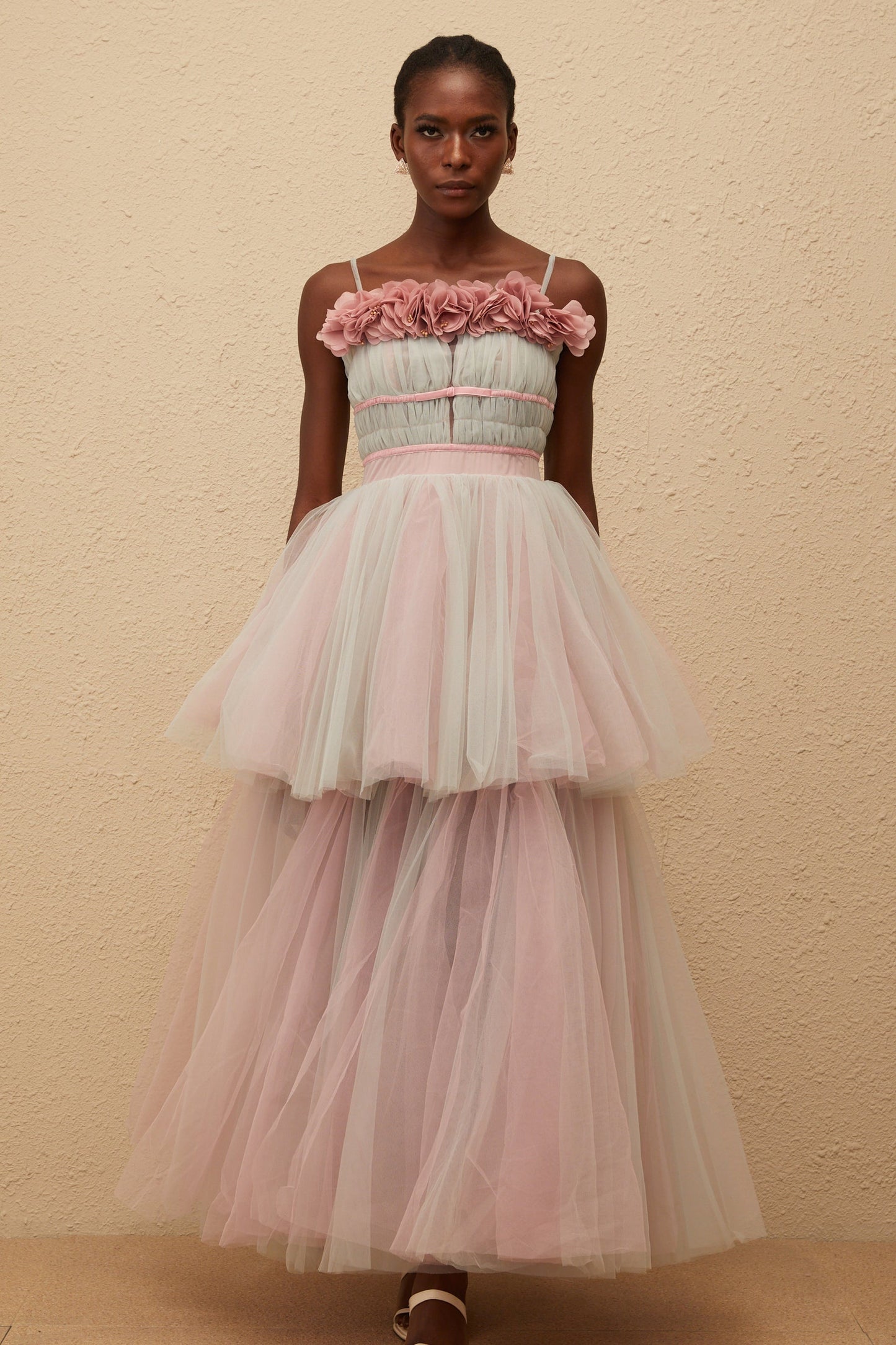 Hermione Grey 3D Petal Tulle Maxi Dress